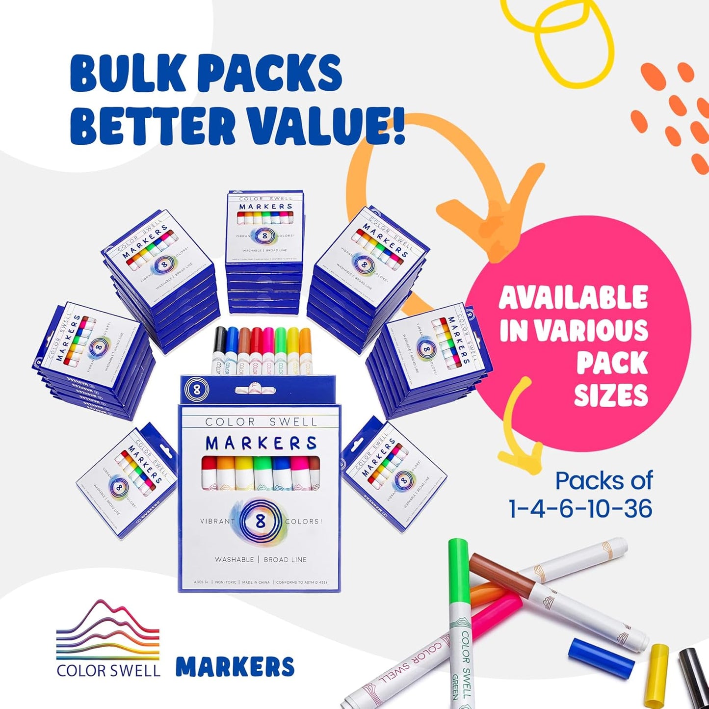 Color Swell Washable Markers 6 Boxes of 8 Vibrant Colors Perfect for Kids, Teachers, Adults, Parties, and Families…