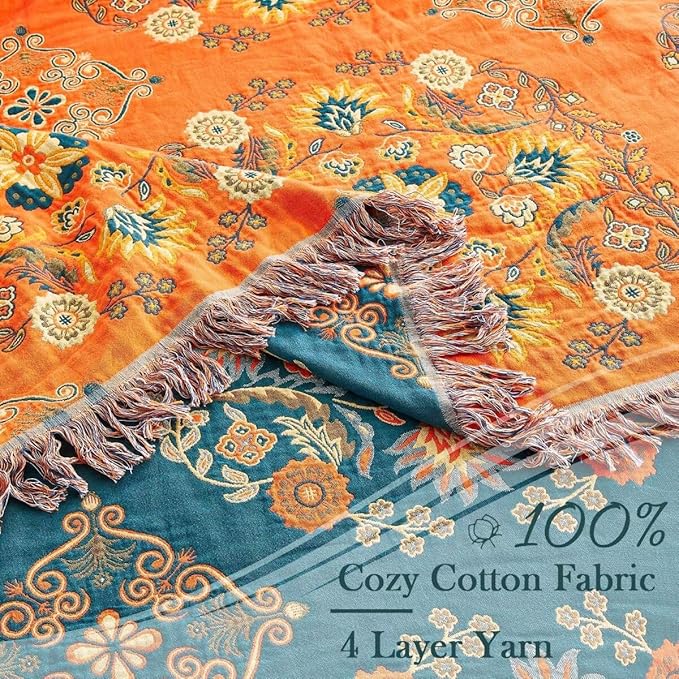 Boho Throw Blanket, 100% Cotton Ultra Soft Luxury Throw Rustic Quilt, 90"x98" Floral Printed Farmhouse Decor Bed Summer Blankets, All Season Rustic Reversible Bohemian Throw for Bed - Orange
