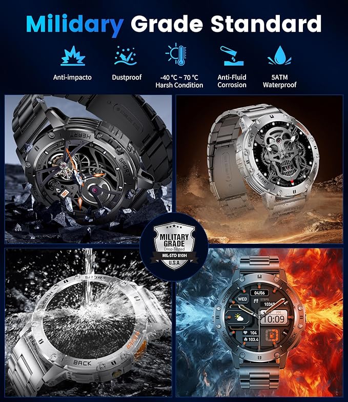 LIGE 1.43" AMOLED Smart Watch for Men with Flashlight, Bluetooth Calling, 100+ Sport Modes, 530mAh, IP68 Waterproof Fitness Tracker for Workout, iOS Android Compatible, Black Steel