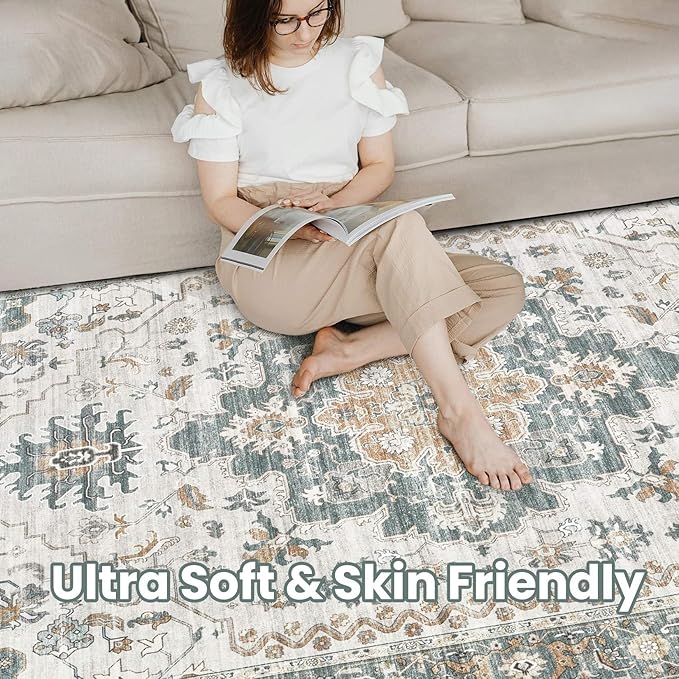 Washable Area Rugs for Living Room -10x12 Neutral Vintage Distressed Floral Farmhouse Boho Large Soft Floor Rug Indoor Non Slip Carpet for Living Room Bedroom Dining Room Office -Green/Grey