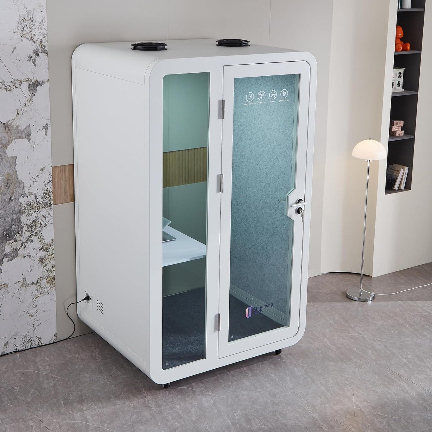 GEARONIC Mobile Office Pod Booth, Sound Proof Booth for Home, Mobile Roller with Desk, LED Light, Fans and AC USB Ports (White)