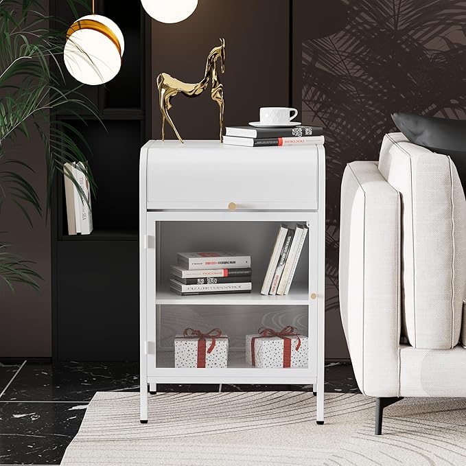 Modern Metal Side Tables Set of 2, End Tables with Glass Door, 2-Tier Nightstands with Storage Shelves, Accent Table, Slim Sofa Table for Living Room, Bedroom (White)