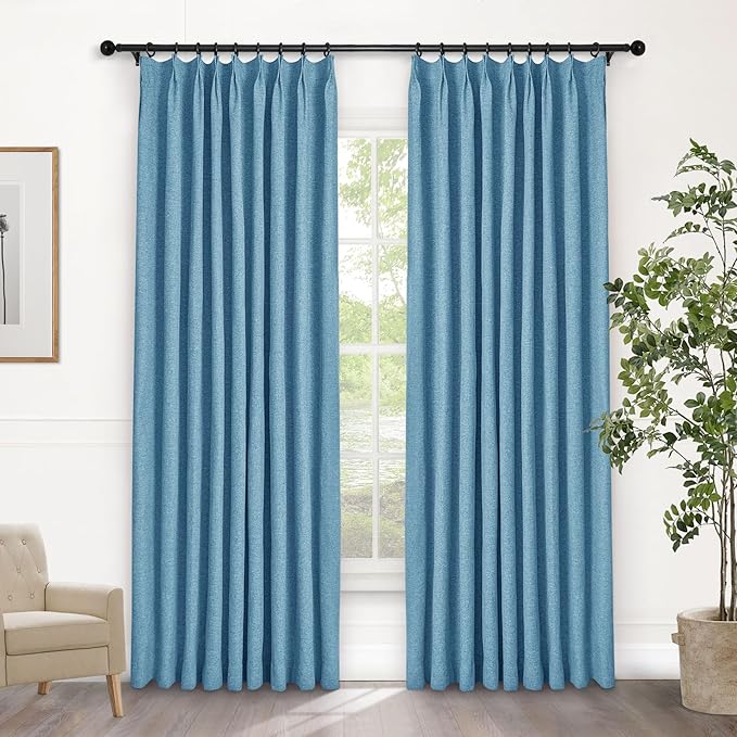 Macochico 100% Blackout Blue Linen Curtains 84 Inches Long Pinch Pleated Burlap Curtains for Bedroom Living Room Farmhouse Nursery Thermal Window Panels with Tieback 72”Wx84”L 1 Panel