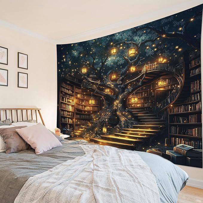 HVEST Fantasy Library Bookshelf Tapestry for Classroom Fairytale Tree Magic Bookshelf Wall Decor Retro Vintage Tapestry for Bedroom Living Room Study Room Dorm, 60L x 80W Inches