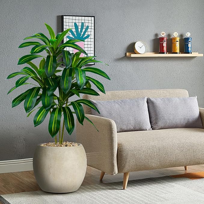 Artificial Dracaena Tree Artificial Silk Tree Faux Tree with White Tall Planter Fake Tropical Yucca Floor Plant (1, White Planter, 4 FT)