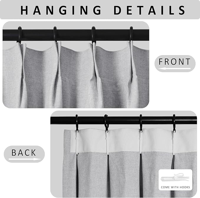 Macochico Pinch Pleated 100% Blackout Curtains Silver Grey Linen Curtains for Bedroom Living Room Farmhouse Thermal Insulated Window Panels Pleated Curtains with Hooks and Tieback 52”Wx72”L 1 Panel