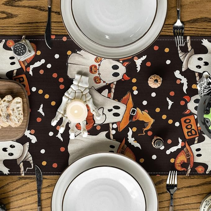 Artoid Mode Ghost Jack-O'-Lantern Black Cat Halloween Table Runner,Holiday Kitchen Dining Table Decoration for Home Party Decor 13 x 90 Inch