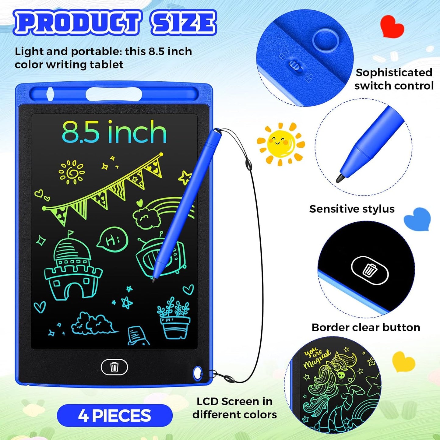 Zonon 4 Pcs LCD Writing Tablet 8.5 Inch Doodle Board Tablet Drawing Gifts LCD Writing Board Electronic Erasable Reusable Colorful Screen Pad(Blue)