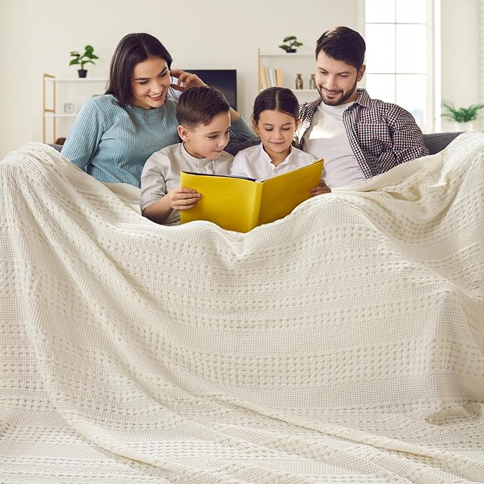 PHF 100% Cotton Waffle Blanket Oversized King 120"x120", Lightweight Breathable Extra Large 10'x10' Summer Blankets for Bed, Giant Big Luxury Aesthetic Woven Bedding for Home Decor, Ivory