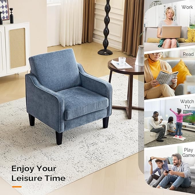 VINGLI Mid Century Modern Accent Chair Set of 2,Navy Blue Chenille Chairs for Living Room Upholstered Armchair with Scooped Arms for Bedroom,Apartment,Studio,Office,Waiting Room