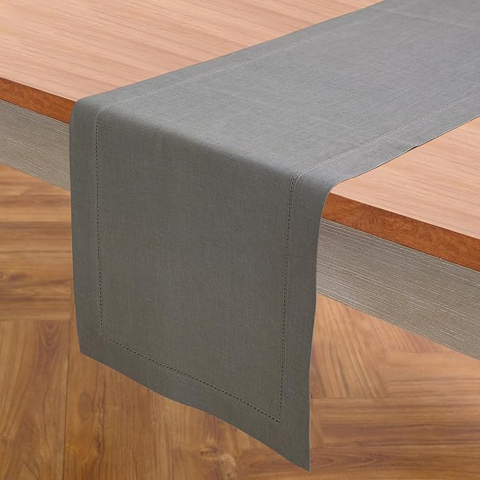 Solino Home Linen Steel Gray Table Runner 90 Inches Long - 100% Pure Linen Hemstitch 14 x 90 Inch Table Runner for Dining, Fall, Autumn - Classic Hemstitch