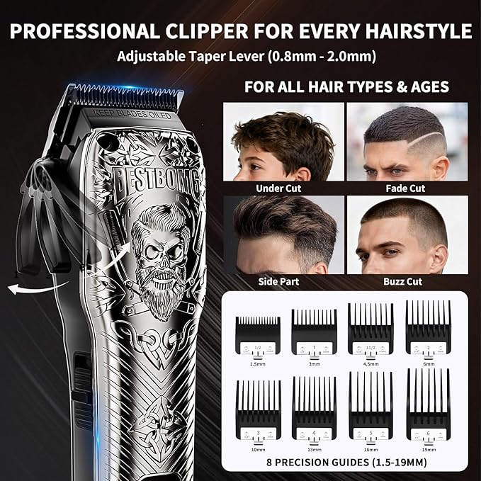 BESTBOMG Professional Cordless Mens Hair Clippers & Beard Trimmer Kits & Sets,Metal Hair Clippers Cutting Grooming Kit with Long Battery Life for Family Barber Use (Gray)