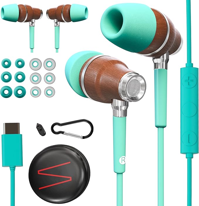 Symphonized Premium Wooden iPhone Earphones Wired (USB C) Deep Bass Sound, 3D Sound, Microphone Volume Control, 90% Noise Cancelling for Type C Devices. Earphones for iPhone 15 to 17 & Android