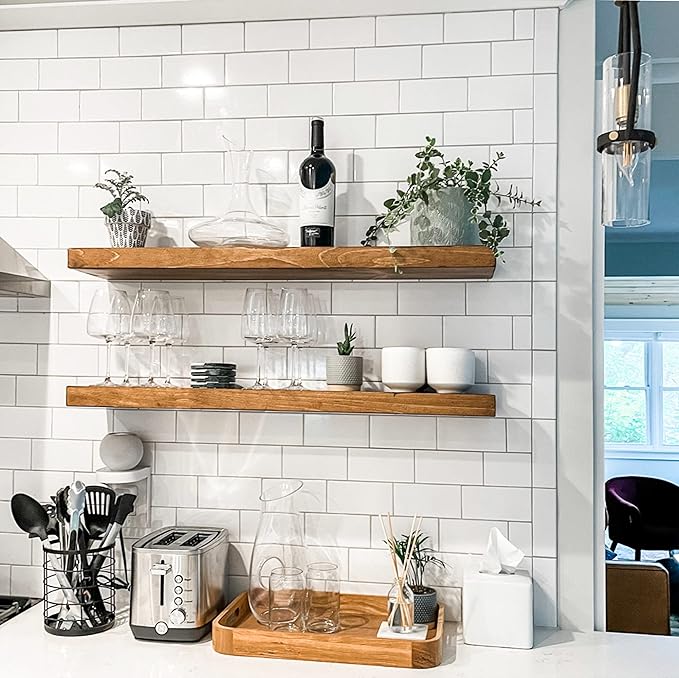 URBANDI, Rustic Floating Shelves, Set of 2, Hidden Bracket, Solid Wood, Heavy Duty, Wall Mounted Shelves, (Brown, 60Wx6D)
