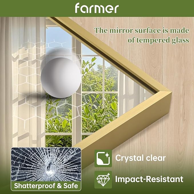 FARMER 20x28 Inch Gold Bathroom Mirror, Rectangle Wall Mounted Mirror, Vanity Mirror, Brushed Square Mirror, Framed Bathroom Mirror for Bedrooms, Entryways, Living Rooms, Horizontal/Vertical