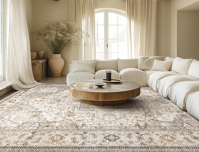 Washable Area Rugs for Living Room - 8x10 Neutral Vintage Distressed Floral Farmhouse Boho Large Soft Floor Rug Indoor Non Slip Carpet for Bedroom Dining Room Office - Brown/Multi