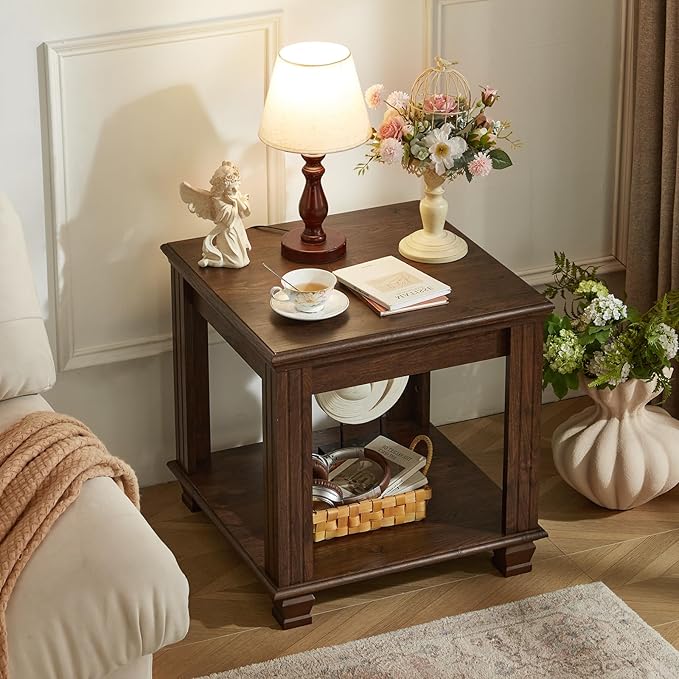 Farmhouse End Table,Large Side Table with 2-Tier Storage Shelf,Rustic Brown End Tables for Living Room,Square Tea Table,Walnut