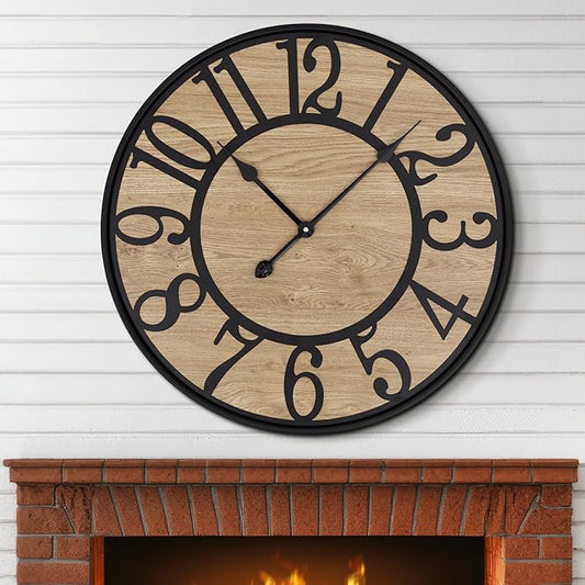 Maxstar Large Wall Clock for Living Room,Metal & Wood Silent Rustic Farmhouse with Arabic Numeral, Battery Operated Wall Clocks Decorative for Bedroom Office Home Decor 32inch Black