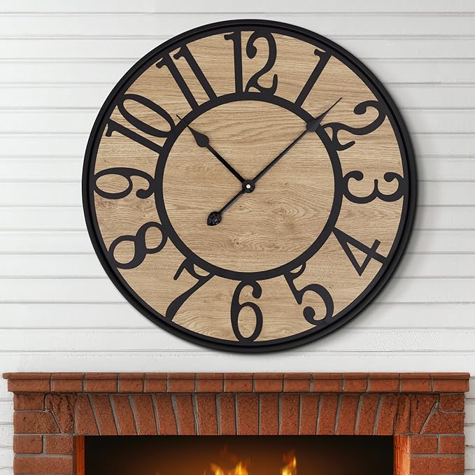 Maxstar Large Wall Clock for Living Room,Metal & Wood Silent Rustic Farmhouse Wall Clock with Arabic Numeral, Battery Operated Decorative for Bedroom Office Home Decor 20inch Black