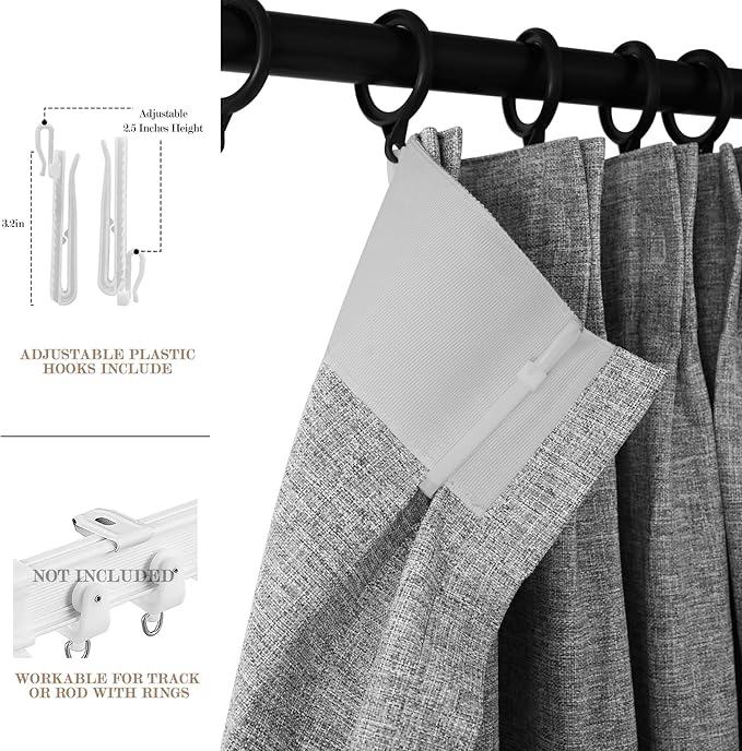100" W x 84" L Faux Linen Room Divider Curtains, Full Blackout Pinch Pleated Drapes for Traverse Rod, Bedroom Divider Privacy Drapery with Hooks for Ceiling Track, 1 Panel, Light Grey