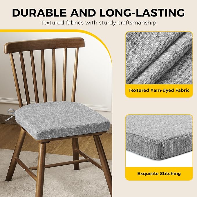 downluxe Indoor Chair Cushions for Dining Chairs, Soft and Comfortable Textured Foam Kitchen Chair Pads with Ties and Non-Slip Backing, 16" x 16" x 2", Light Grey, 4 Pack