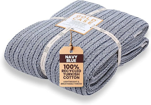 Gold Case Throw Blanket for Bed – 100% Recycled Turkish Cotton Bed Blanket – Decorative Throw Cotton Blankets for Living Room & Bedroom – Vintage Navy Blue Woven Queen Blankets – 90x90