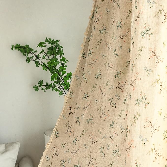 Sutuo Home Florals Boho Farmhouse Curtains, Semi-Blackout Drape Bohemian Window Treatment Cotton Linen Panel with Tassels for Bedroom Living Room, Rod Pocket, 1 Panel 59" W x 84" L