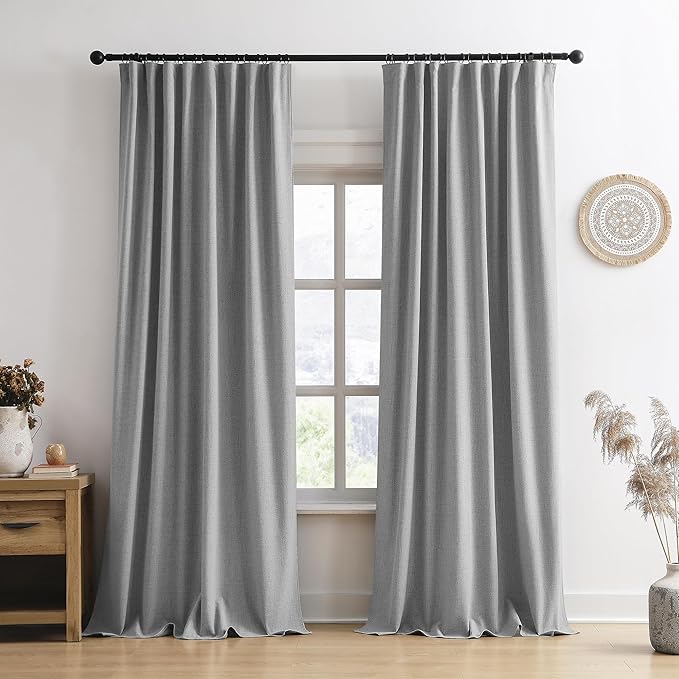 RAIN CITY Long Blackout Curtains 144 Inch Long 2 Panels Grey, Back Tab Pleated Look Drapes for Track System with Hooks, Noise Reducing Spring Blackout Winodw Curtains for Living Room 50x144