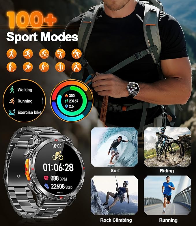 Military Smart Watches for Men GPS, 1.56" AMOLED Screen Bluetooth Call, Smartwatch for Android Phones and iPhone, 100+ Sport Modes, 3ATM Waterproof Smart Watch with Compass