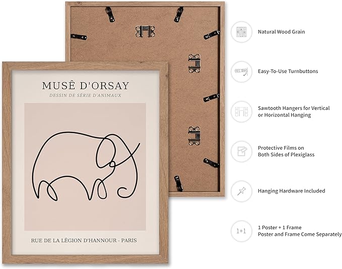 Poster Master Vintage Poster - Retro One Line Elephant Drawing Print - Elephant Art - Minimal Gift for Men, Women, Animal Lover - Abstract Wall Decor for Home, Office, 11x14 Beige Framed