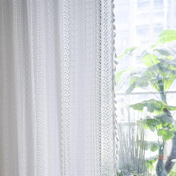 Sutuo Home Boho Curtains 120 inches for Bedroom Living Room Patio Doorway, Crochet Lace Sheer Bohemian Extra Long with Tassels,Window Treatment Drape, Single 1 Panel 59" W x 120" L, White