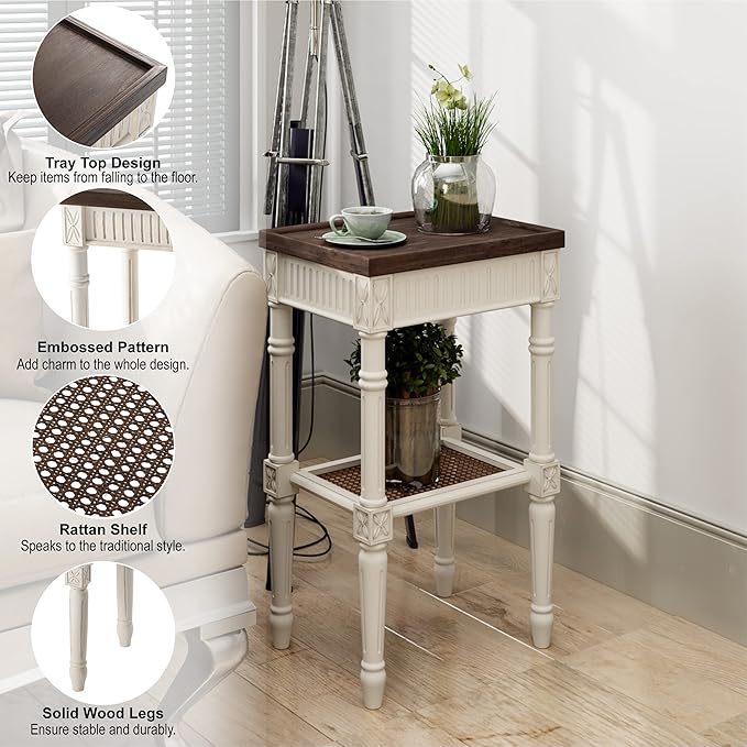 Rustic Farmhouse Cottagecore Accent End Table Set of 2, Distressed Accent Side Table with Espresso Tray Top and Woven Wicker Shelf, Boho, French Country Decor, Square, Weathered Brown & White
