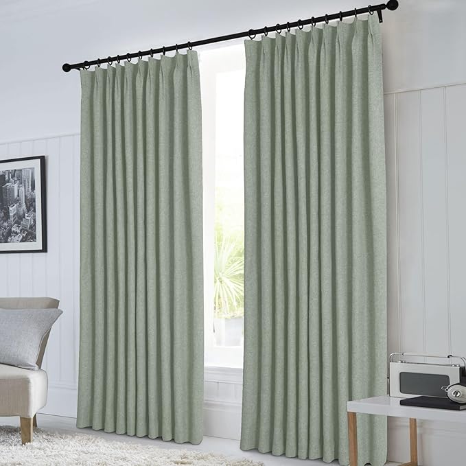 Macochico Extra Wide Full Blackout Linen Curtains for Sliding Door Fog Green Pinch Pleated Linen Curtains 96 Inches Long for Bedroom Living Room Farmhouse with Tieback 120”Wx96”L 1 Panel