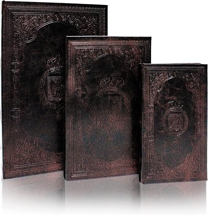 Decorative Book Box Set of 3,Vintage Style Book Shaped Storage Box,Leather Decorative Wooden Trinket Jewelry Books Boxes with Antique Embossed Pattern,Mother's Day/Graduation /Birthday Gift Idea