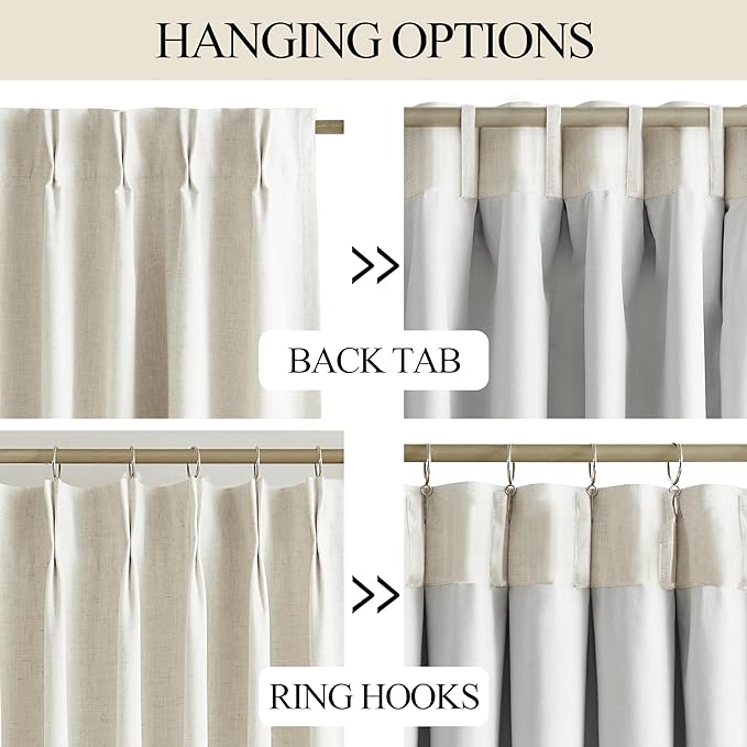 Vision Home Natural Pinch Pleated Full Blackout Curtains Linen Blended Room Darkening Window Curtains 63 inch for Living Room Bedroom Thermal Insulated Pinch Pleat Drapes with Hooks 2 Panel 40"Wx63"L