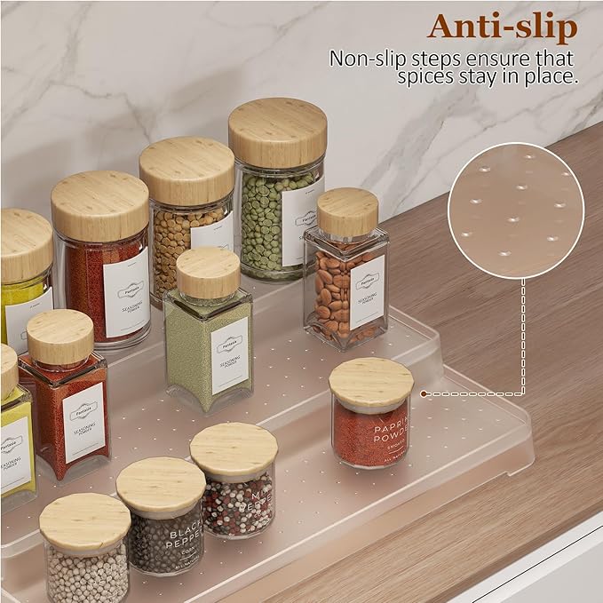 MUDEELA 2 Pack 3 Tier Spice Rack Organizer for Cabinet 11.6-Inch Spice Organization for Pantry, Non-Skid Spice Shelf with Protection Railing, Versatile Seasoning Organizer for Kitchen Counter