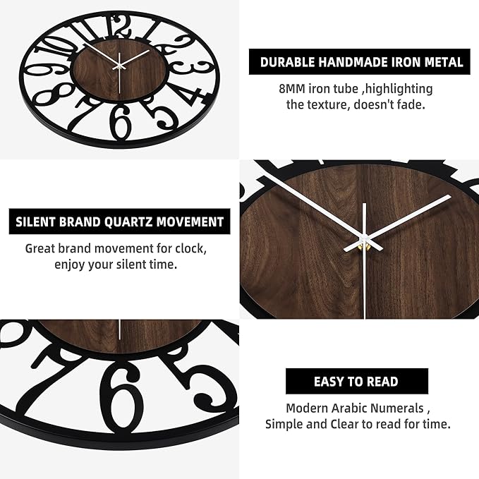 LEIKE Large LED Wall Clocks,Silent,Non Ticking,Battery Operated Rustic Round Modern Big Wood Wall Clock for Living Room, Bedroom,Kitchen,Farmhouse,Office,Home Decor -20" Black,LED,Arabic Number
