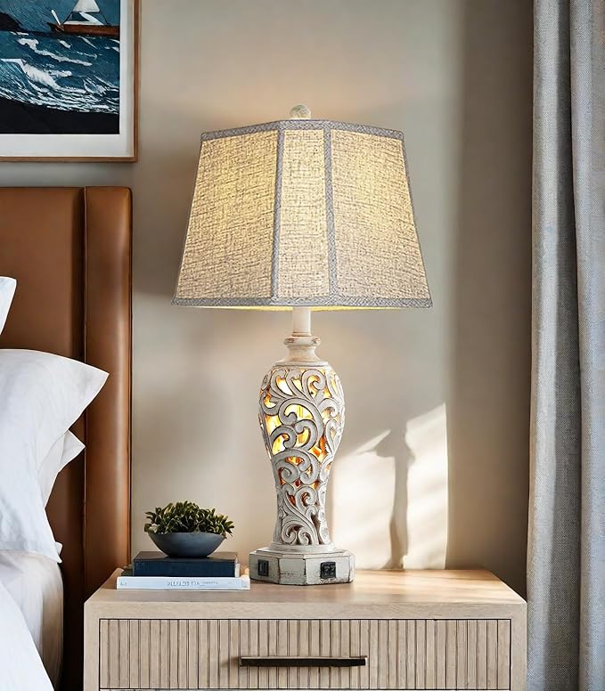 25'' Farmhouse Table Lamp for Living Room Bedroom, 2 USB Ports Vintage Rustic Nightstand Desk Lamp with Nightlight, White Hollow Out Resin Lamp for End Table (Bulb Included)