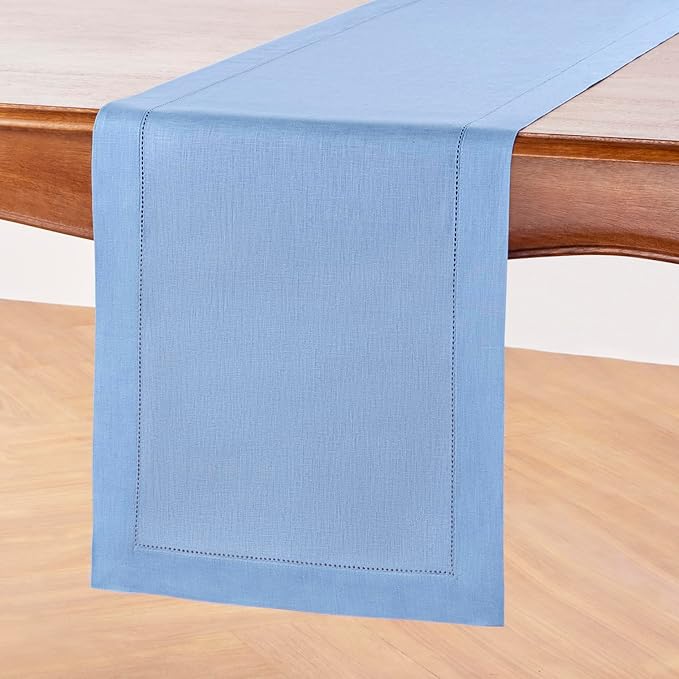 Solino Home Linen Cornflower Blue Hemstitch Table Runner 60 Inches - 100% Pure Linen Small Table Runner 14 x 60 Inch Ideal for Dresser and Coffee Tables - Classic Hemstitch