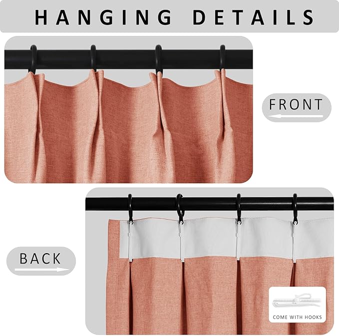 Macochico 100”Wx96”L Pinch Pleated 100% Blackout Linen Curtains Thermal Sliding Curtains for Bedroom Living Room Sliding Glass Door Farmhouse Shabby Chic Orange Drapery with Tieback 1 Panel