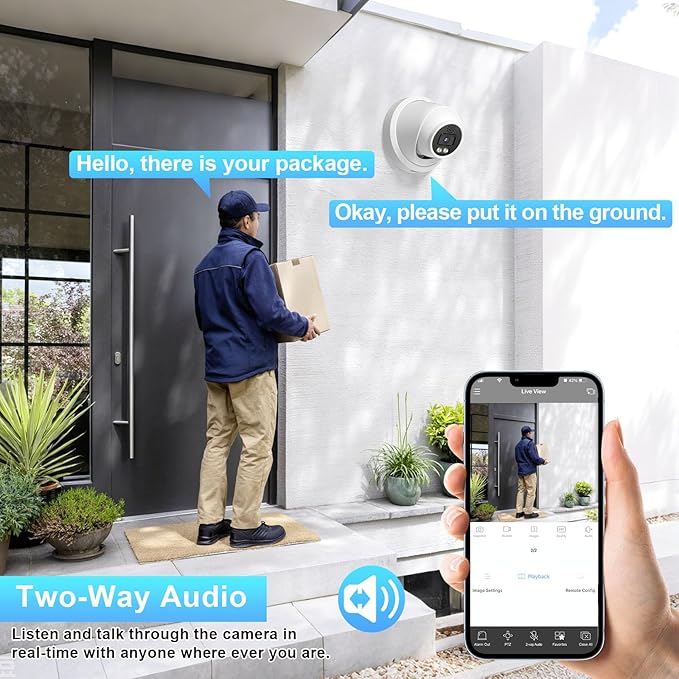 5MP Turret PoE IP Camera, Smart Dual Light Security Camera, Color Night Vision for Home Surveillance, Built-in Two-Way Audio, 2.8mm Lens Wide Angle 110°, Human/Vehicle Detection, IND5GD97K
