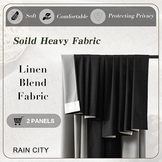 RAIN CITY Black Blackout Curtains 100 Inches Long, Custom Made Textured Linen Black Out Pleated Look Curtains with Hooks Window Drapes for Bedroom Living Room-50x100-inch 2 Panels Set