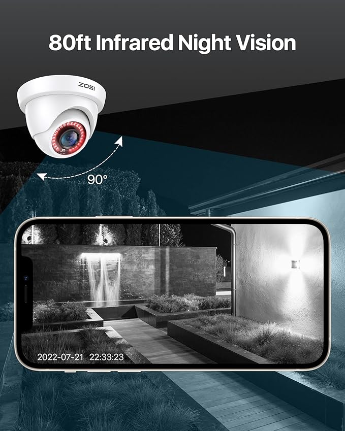 ZOSI 2.0MP 1080P 1920TVL HD-TVI CCTV Security Dome Camera Outdoor Indoor,80ft IR Night Vision,for HD-TVI, AHD, CVI 720P,1080P,5MP,4K Analog Surveillance DVR