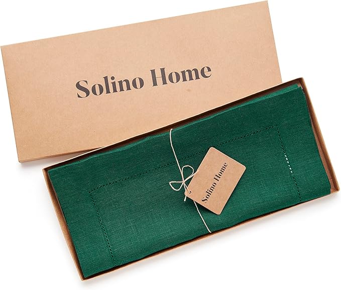 Solino Home Linen Rainforest Green Table Runner 156 Inches Long - 100% Pure Linen Extra Long Table Runner 14 x 156 Inch for Fall, Autumn, Thanksgiving - Classic Hemstitch