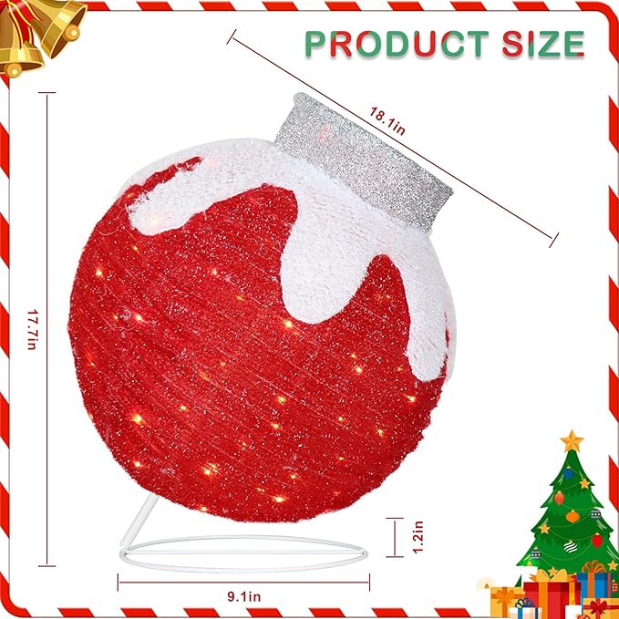 BRIGHTDECK Outdoor Christmas Ornaments, Lighted Pop-Up Outdoor Holiday Ball Decoration with 80 LED Lights, 8 Light Modes, Lighted Collapsible Holiday Decorations for Yard, Home (Red)