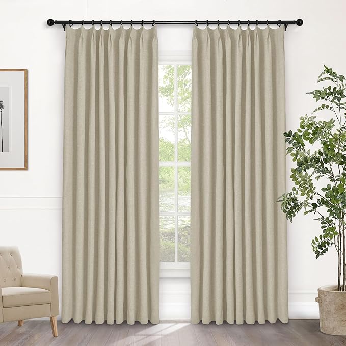 Macochico Beige 100% Blackout Linen Curtains 96 Inches Long Pinch Pleated Curtains for Bedroom Living Room Nursery Farmhouse Insulated Sound Reducing Drapery with Tieback 84”Wx96”L 1 Panel
