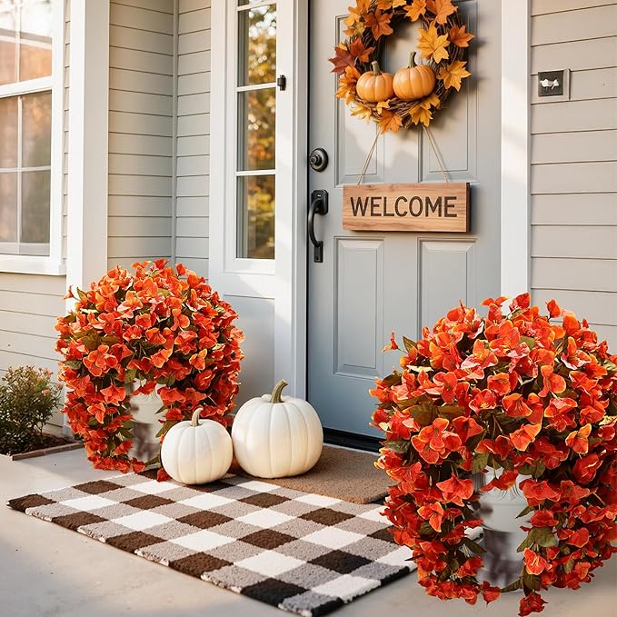 Bougainvillea Artificial Flowers Plants for Outdoors Outside Fall Autumn Decor, 2 pcs Faux Silk Long Trailing Vines UV Resistant Look Real Orange Fake Flowers for Front Door Porch Planter Urn Patio