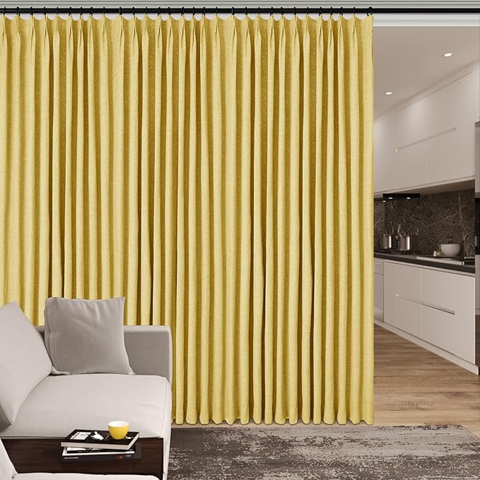 120" Wx96 L Linen Room Divider Drapes for Doorway/Glass Window/Sliding Door/Patio, Extra Wide Pinch Pleated Full Blackout Curtains for Girls Boys Teen Kids Room, 1 Panel, Yellow