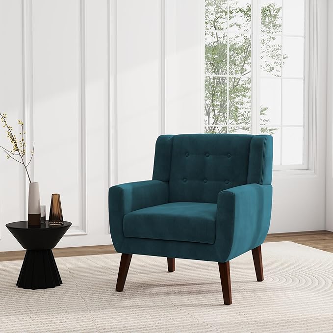 UIXE Accent Chair, Velvet Upholstered Armchair for Living Room, Modern Club Arm Chairs Comfy Single Sofa Button Tufted Bedroom Reading Seat - Blue, Set of 4