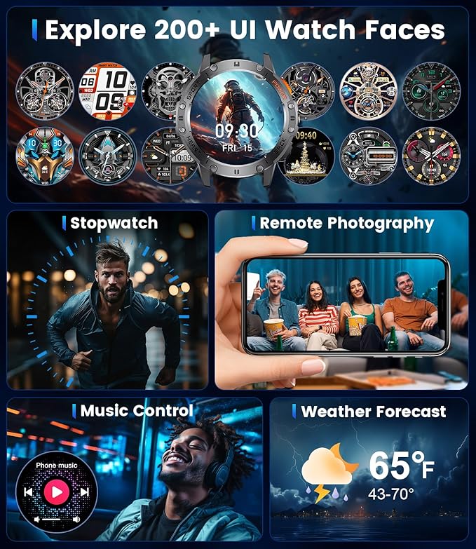 Military Smart Watches for Men(Answer/Make Calls) with LED Flashlight,530mAh Large Battery,1.43" AMOLED Outdoor Sports Smartwatch with 170+ Sport Modes,5ATM Waterproof Fitness Tracker for iOS Android